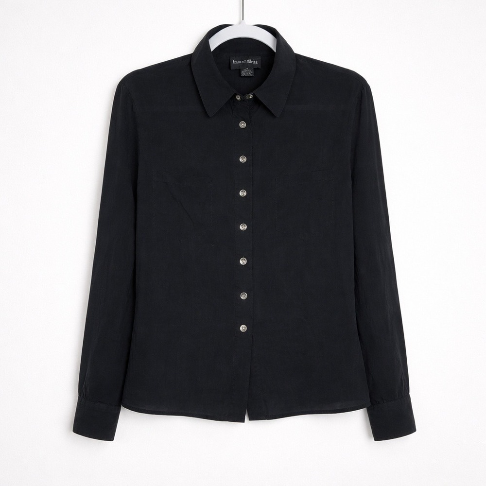 Black‎ Silk Long Sleeve Button Up Shirt 14 Dark Academia Parisian Minimalist Lux
